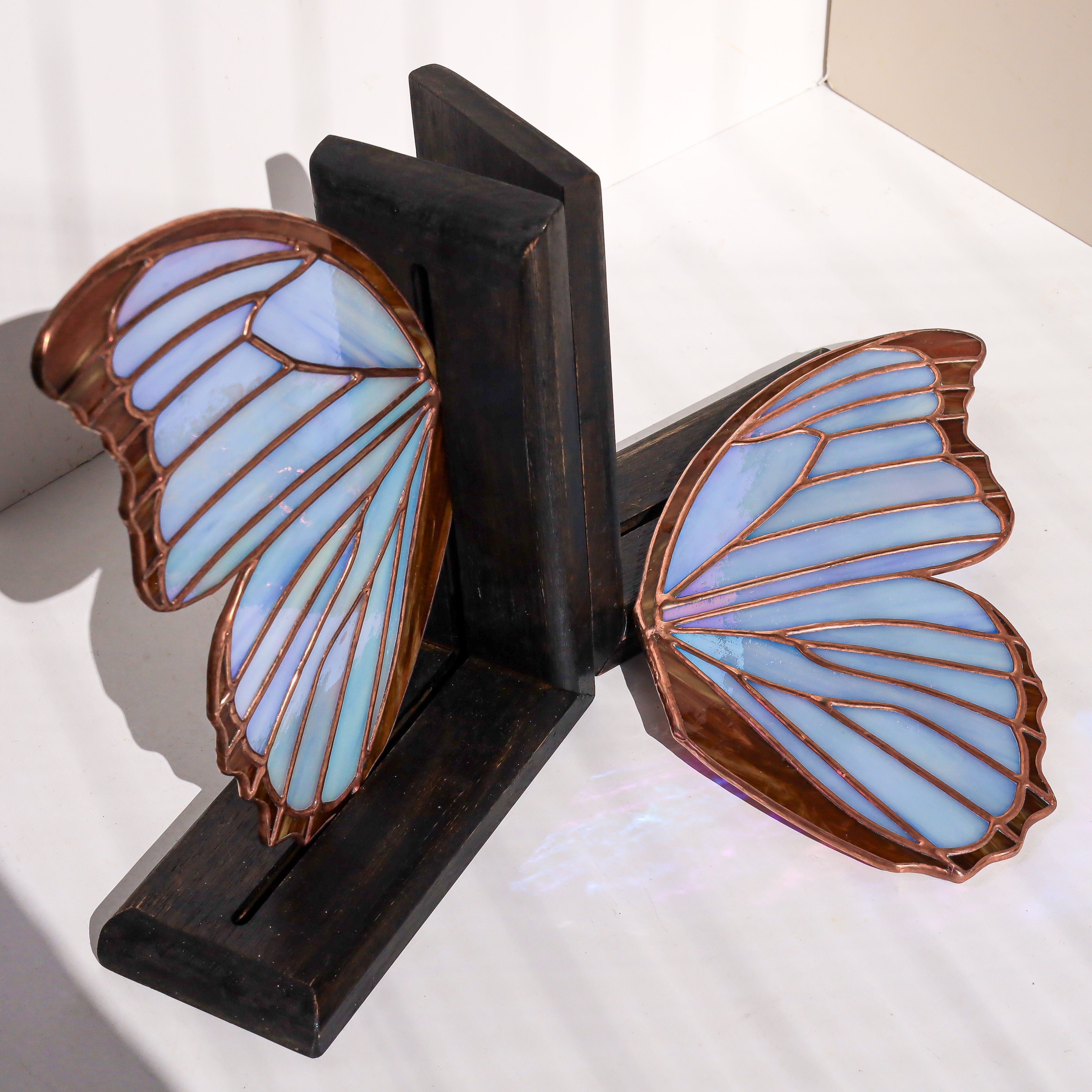Stained Glass Blue Morpho Godartii Bookends