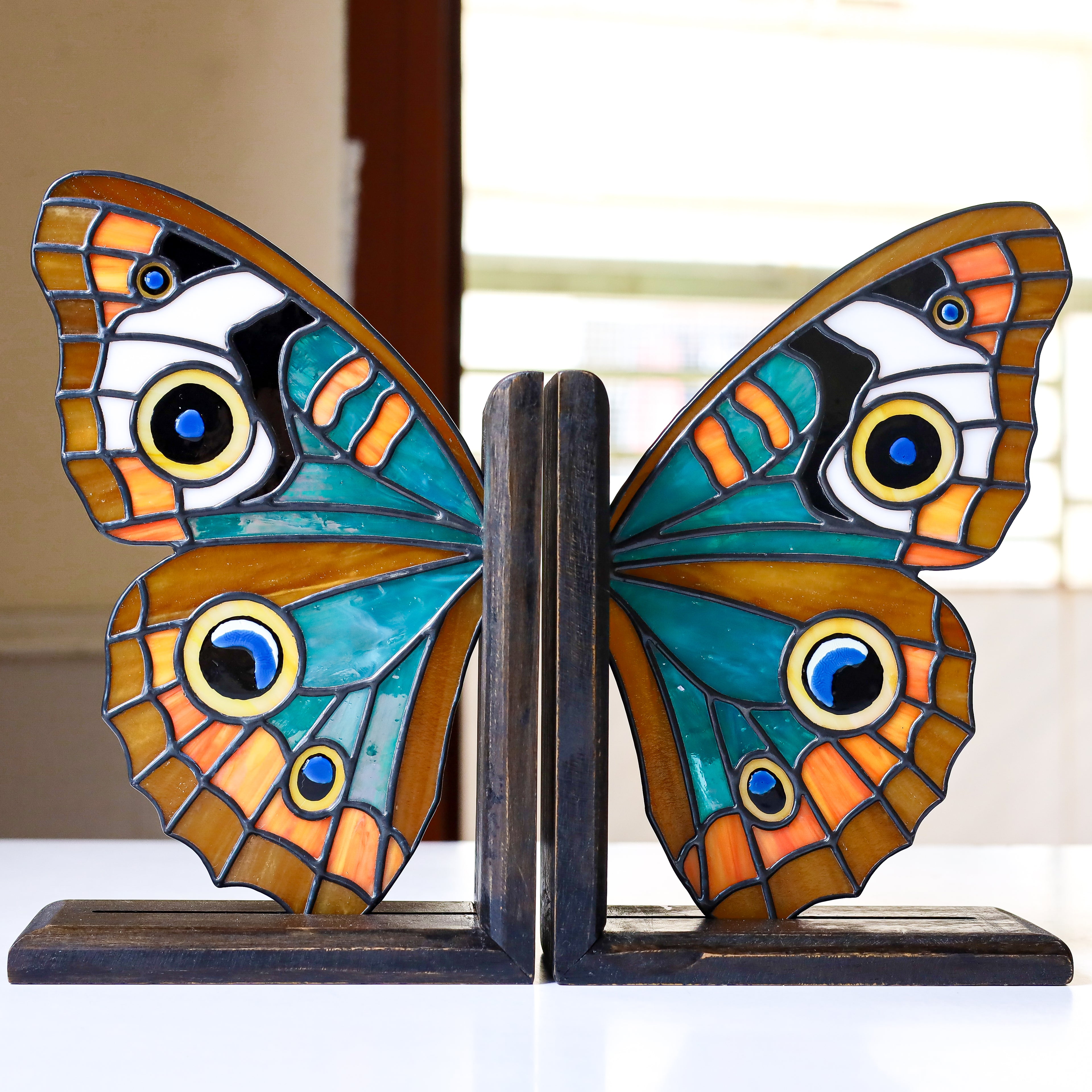 Stained Glass Common Buckeye Butterfly Bookends