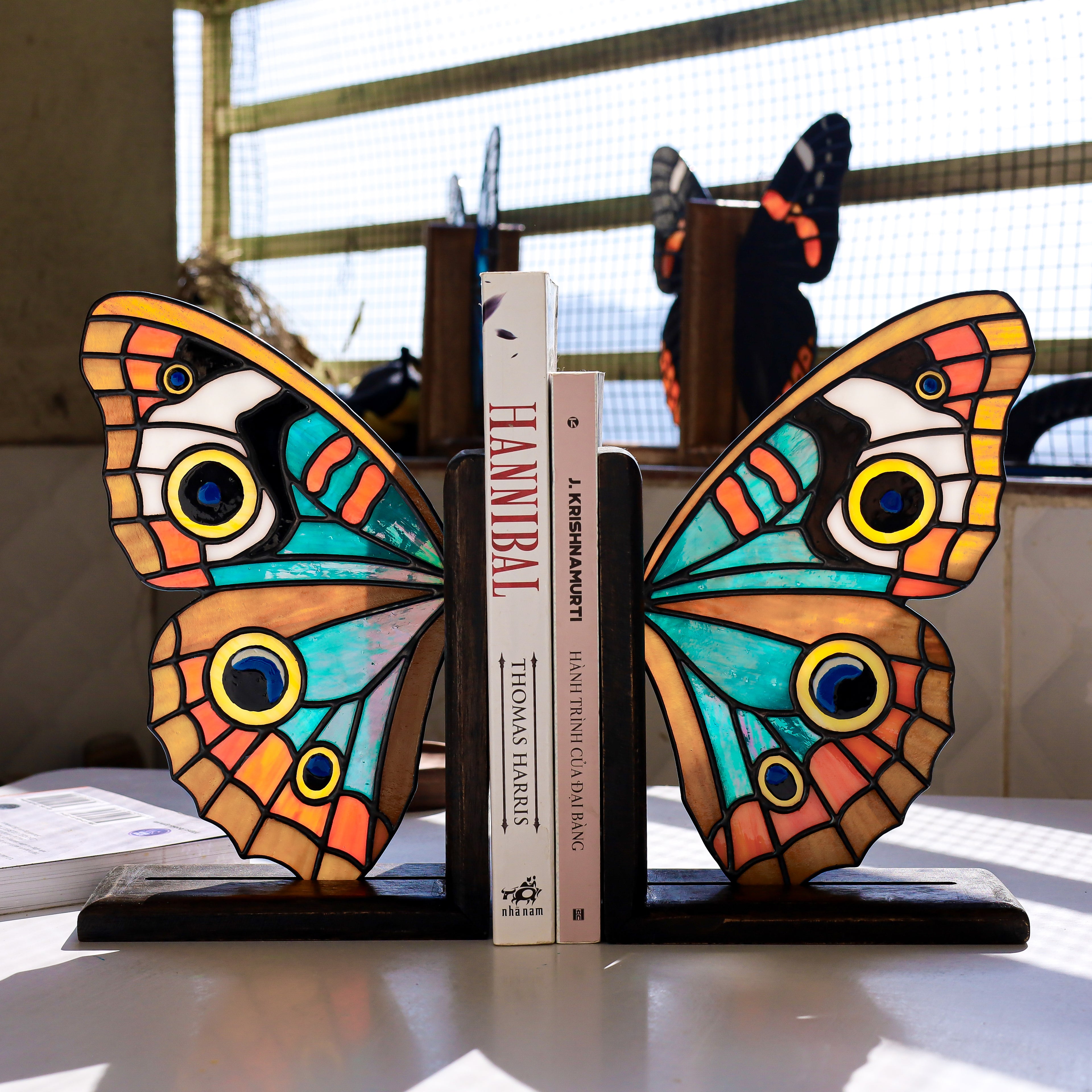 Stained Glass Common Buckeye Butterfly Bookends
