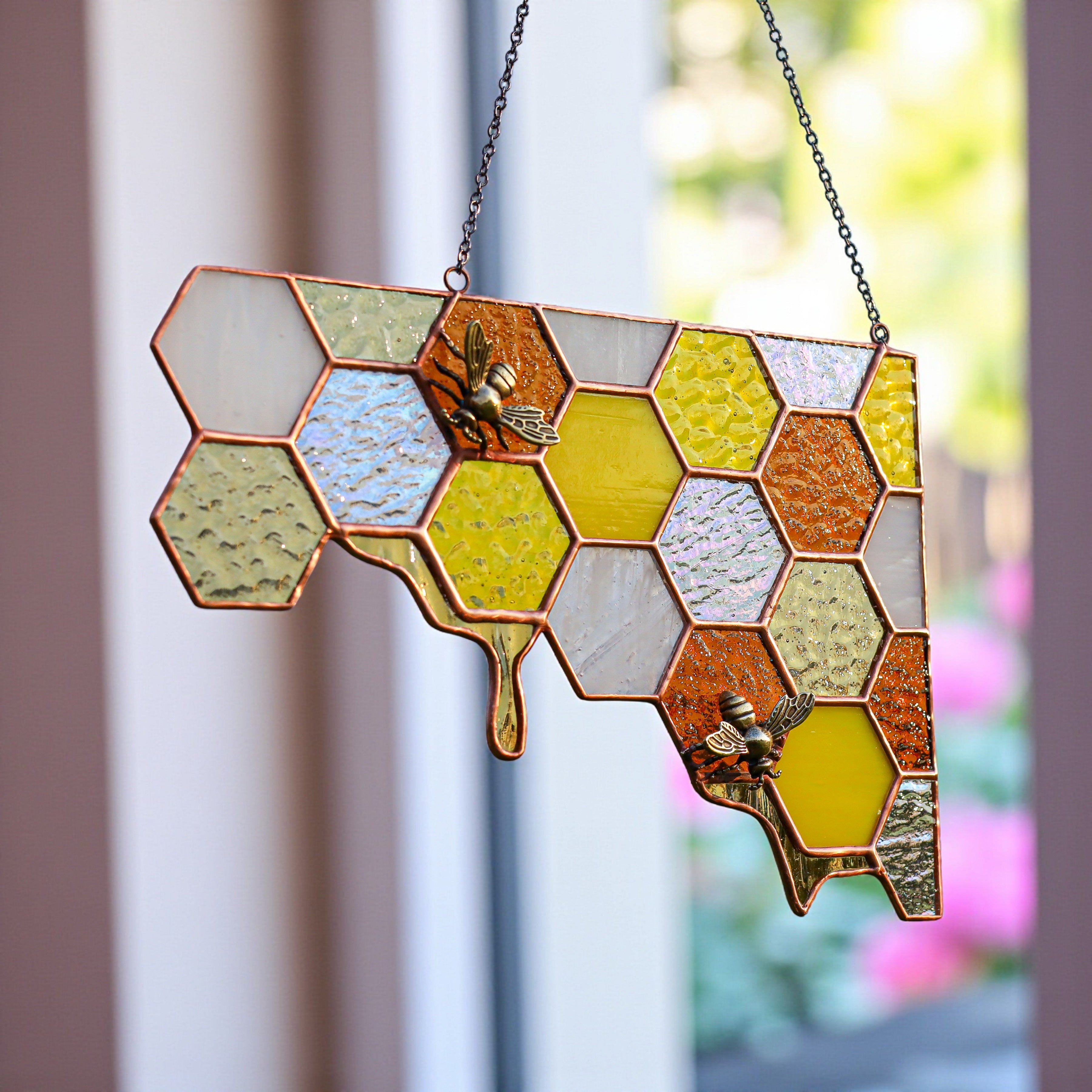 Stained Glass Honeycomb Corner, Dripping Honey & Bee Suncatcher Door Topper