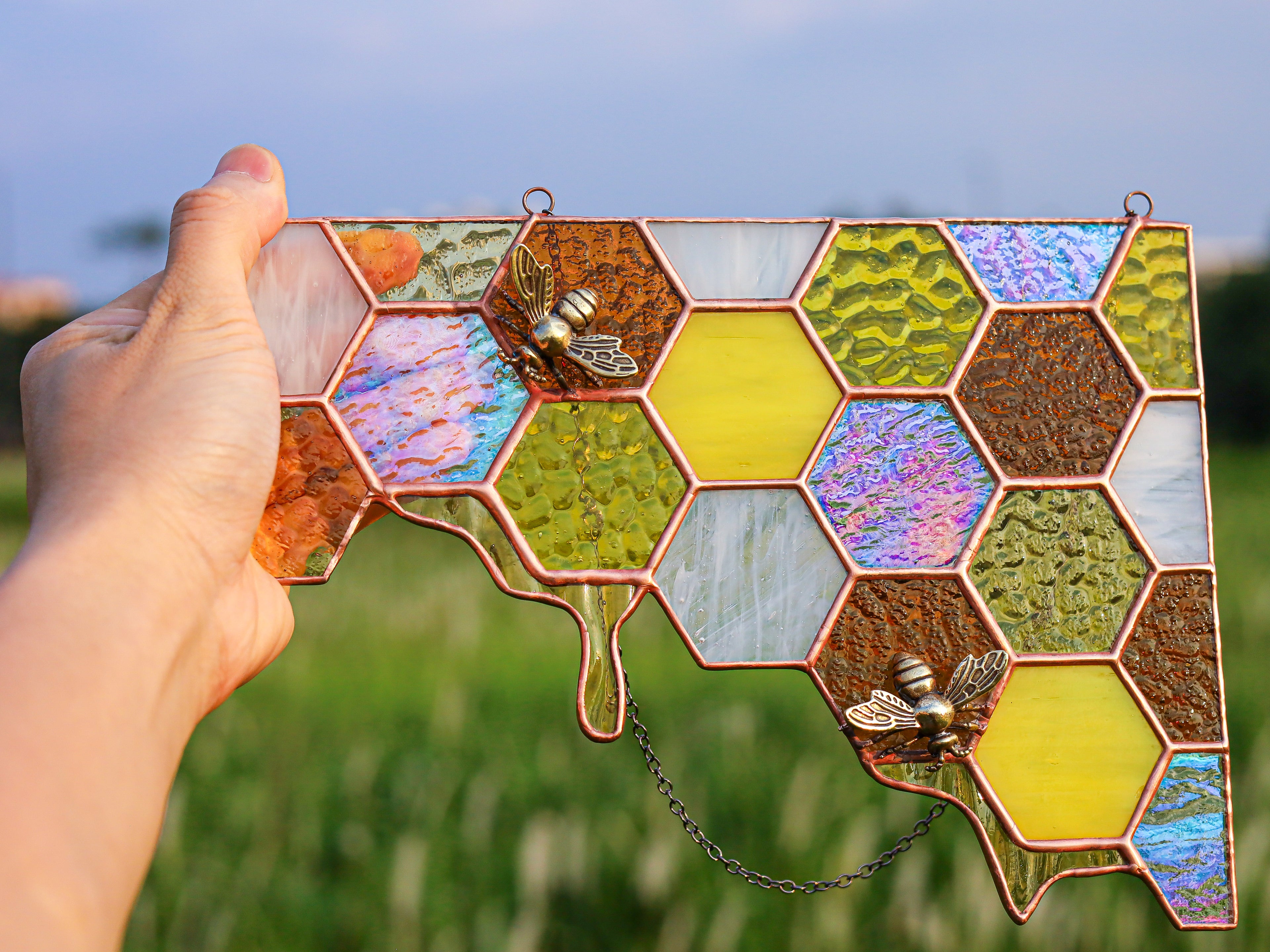 Stained Glass Honeycomb Corner, Dripping Honey & Bee Suncatcher Door Topper