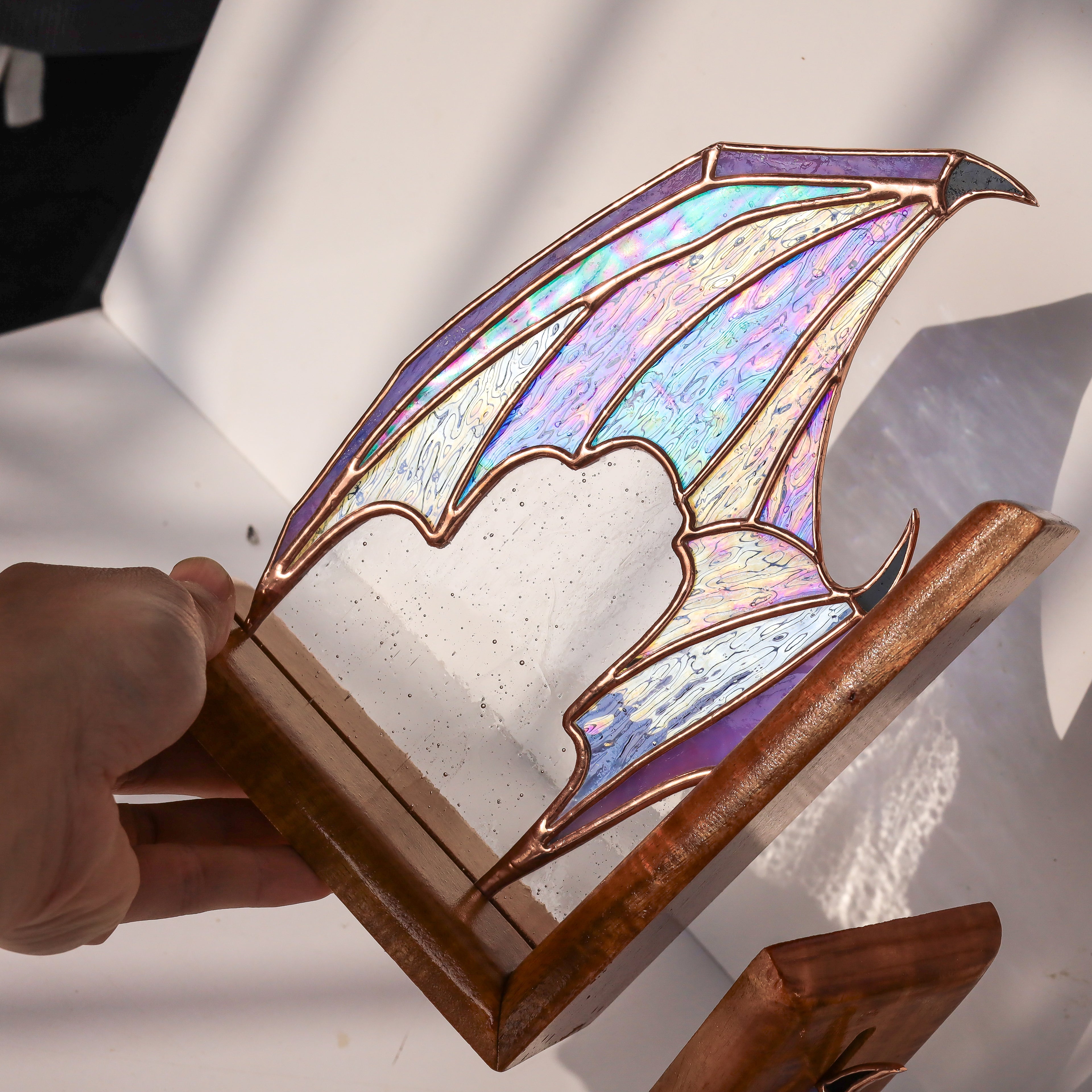 Iridescent Stained Glass Dragon Wing Bookends