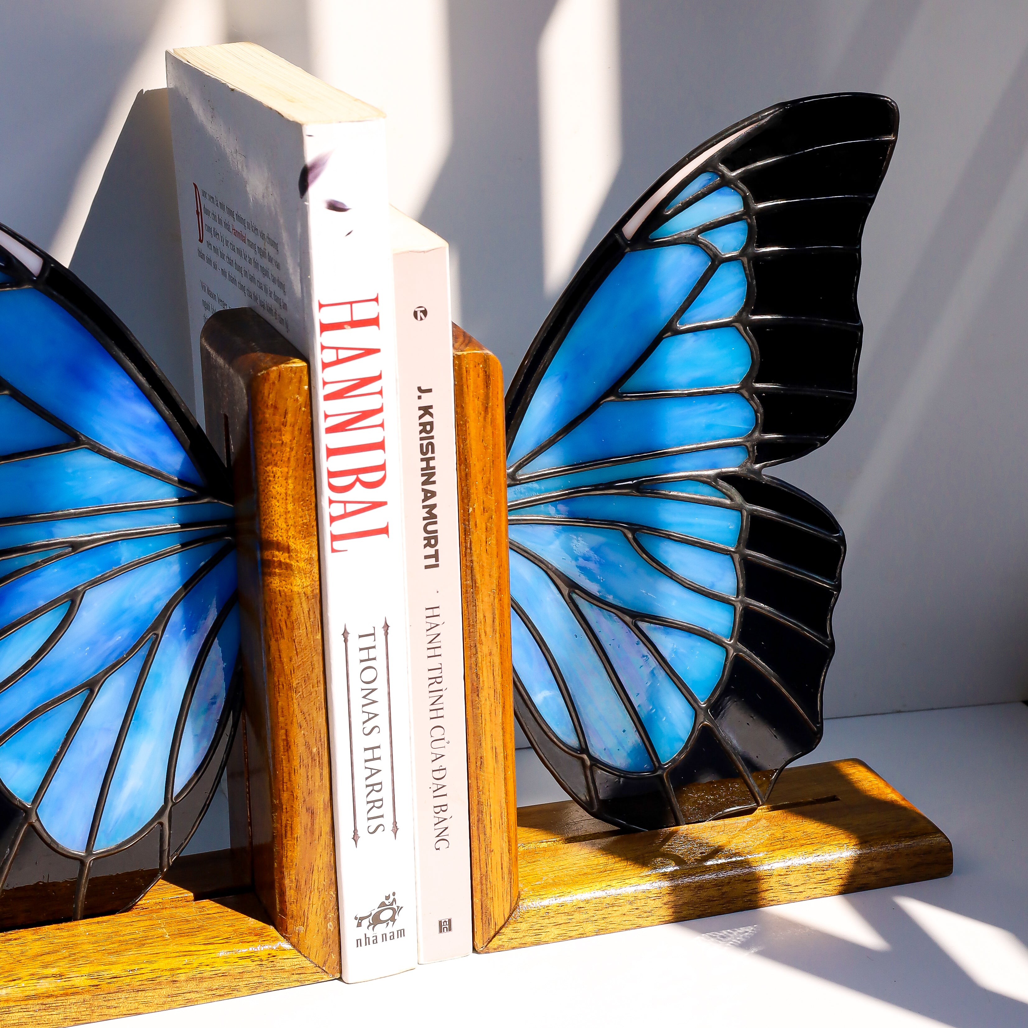 Stained Glass Blue Morpho Butterfly Bookends