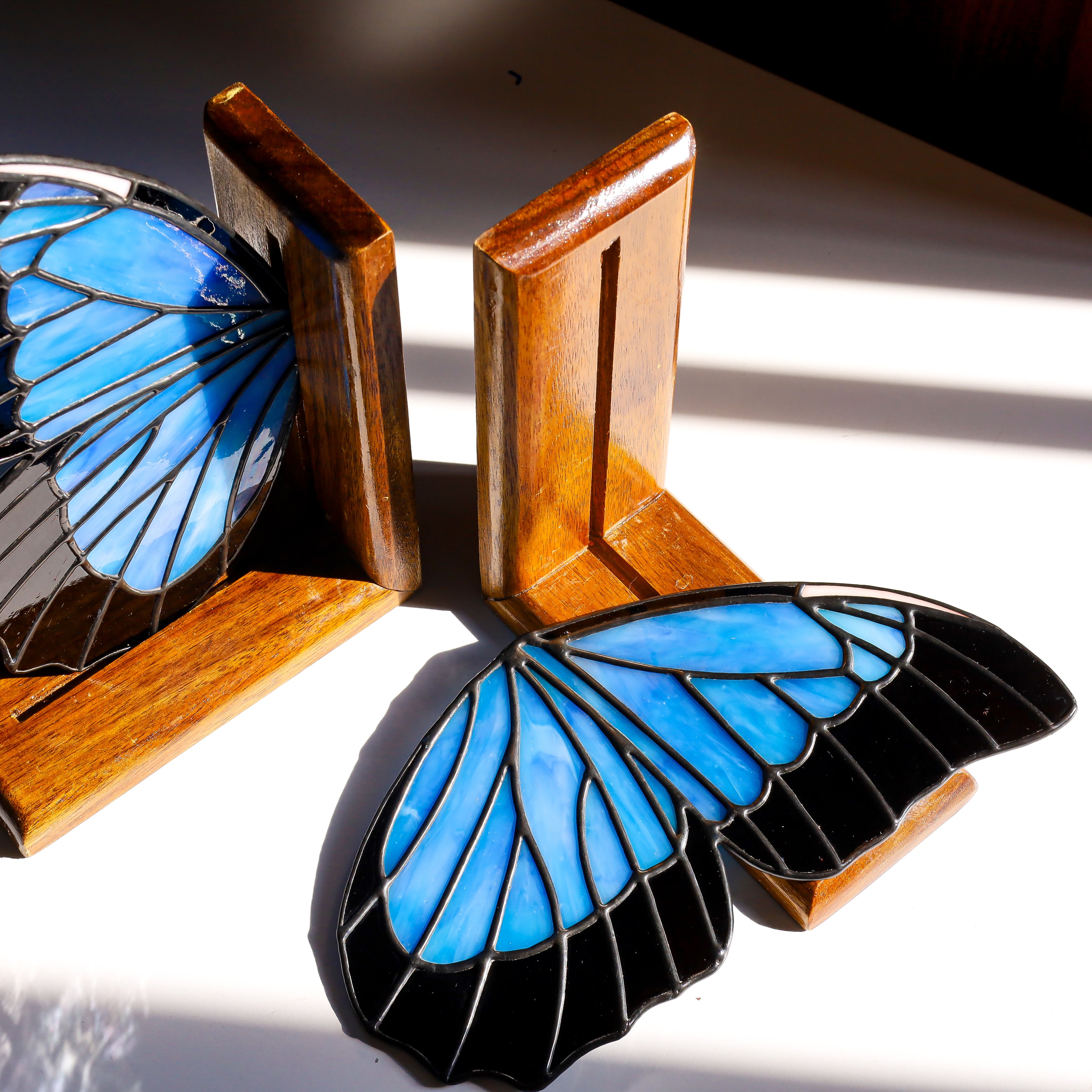 Stained Glass Blue Morpho Butterfly Bookends