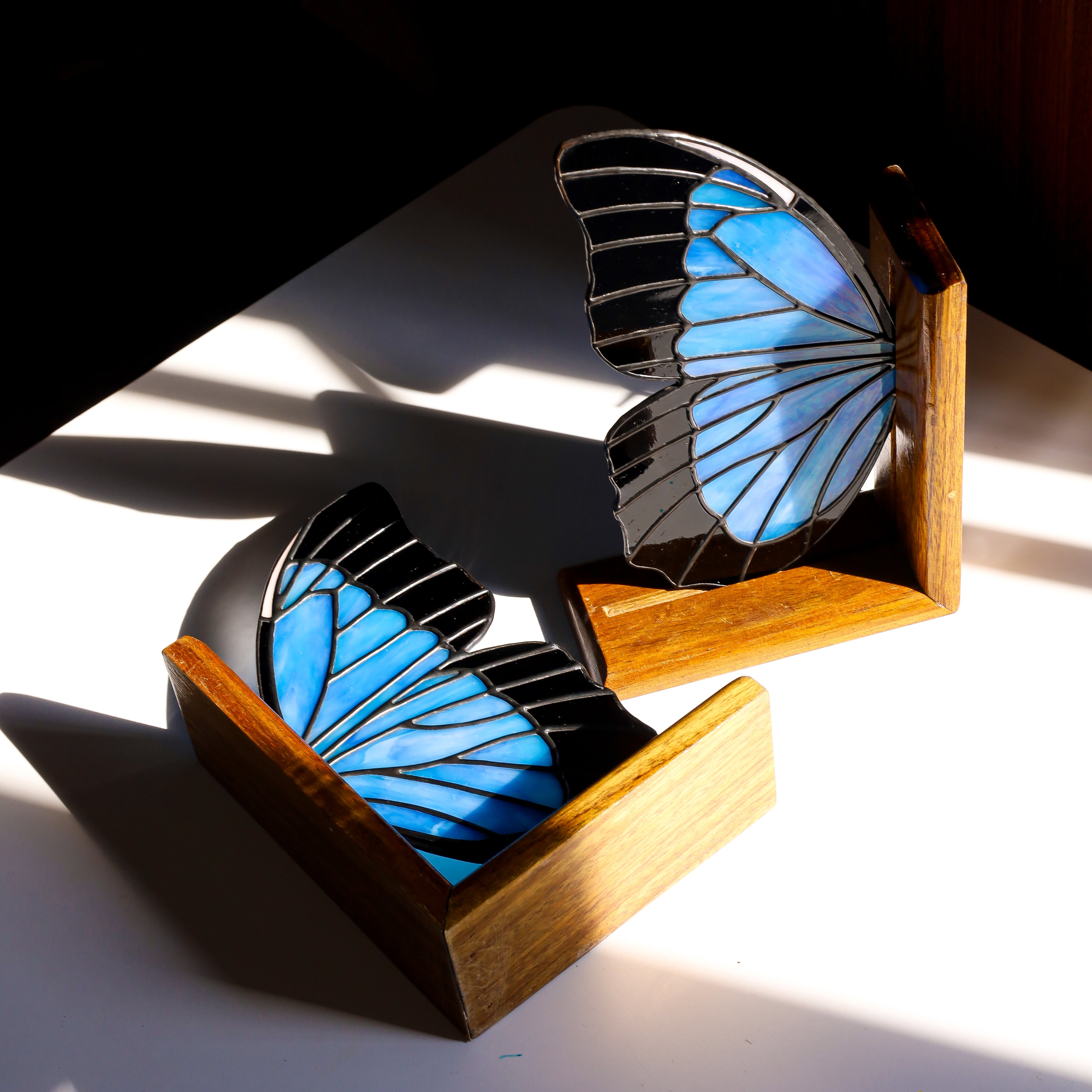 Stained Glass Blue Morpho Butterfly Bookends