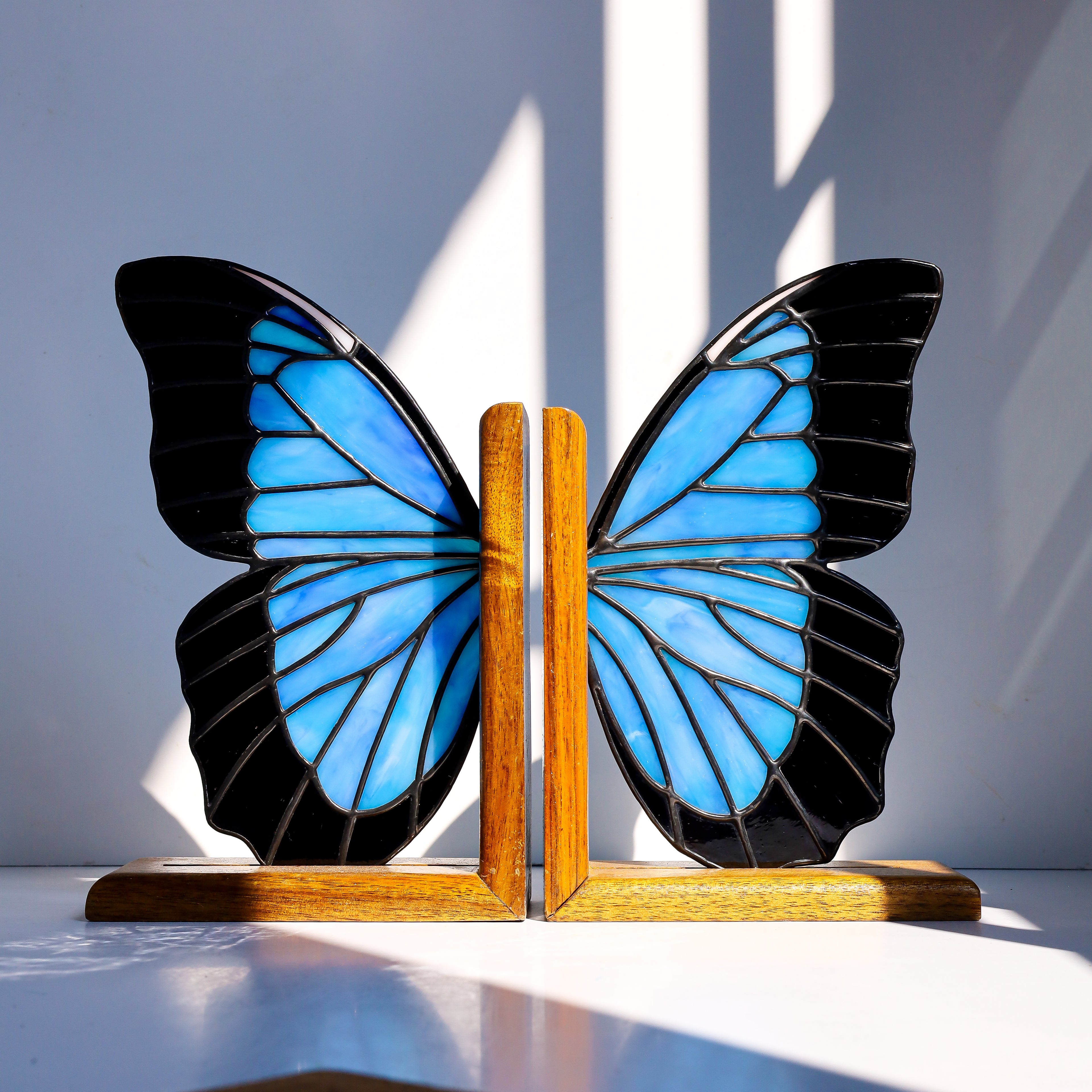 Stained Glass Blue Morpho Butterfly Bookends