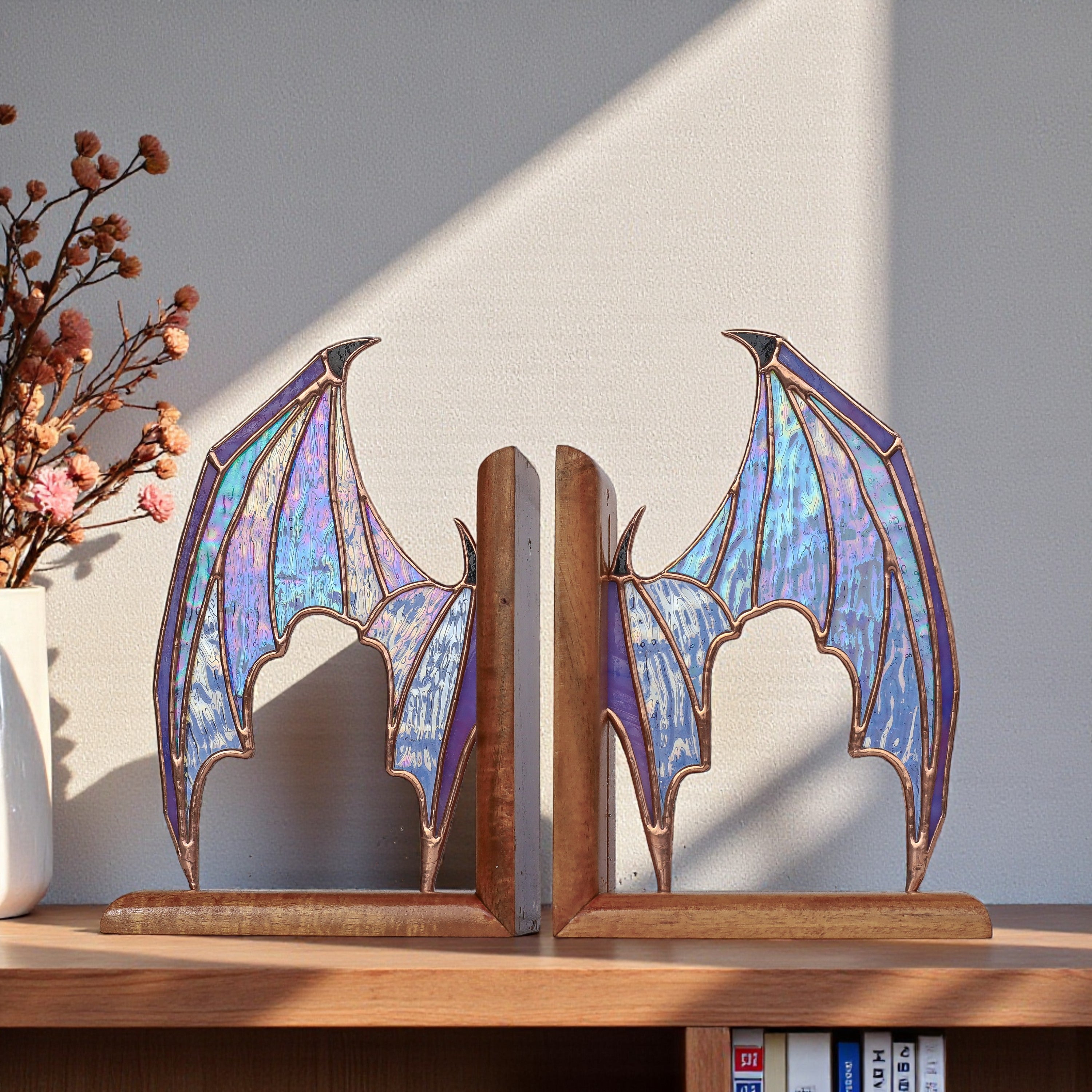 Iridescent Stained Glass Dragon Wing Bookends
