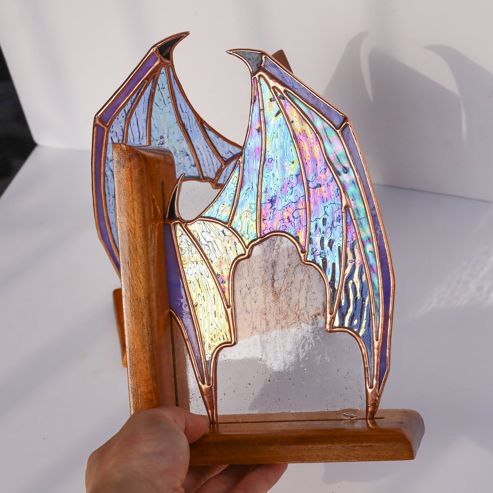 Iridescent Stained Glass Dragon Wing Bookends