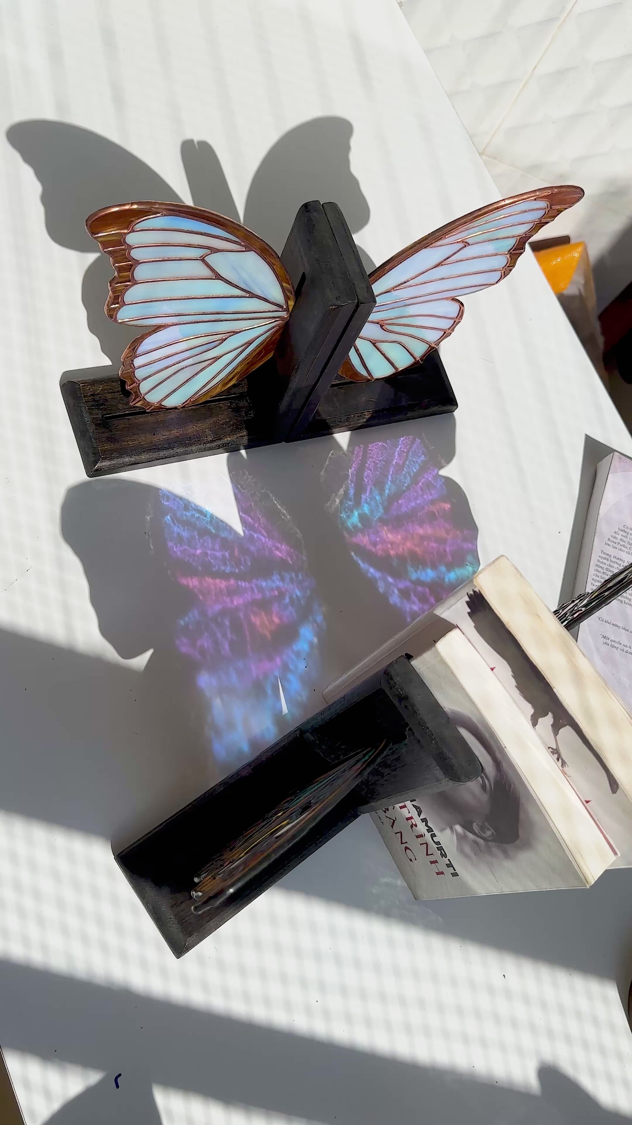 Stained Glass Blue Morpho Godartii Bookends
